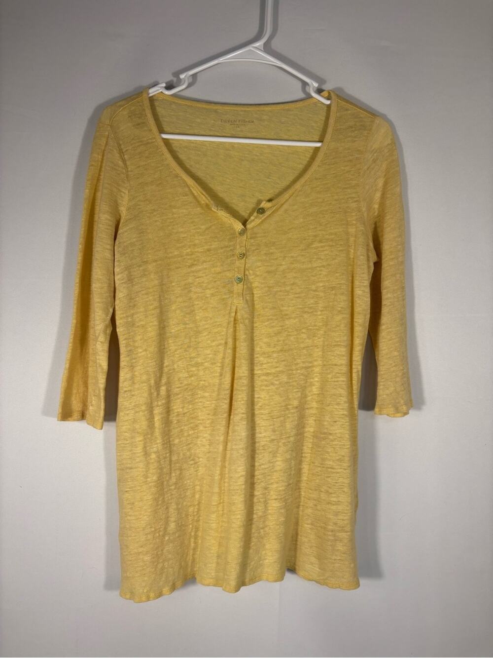 Eileen Fisher Yellow Linen Henley Top Lightweight 3/4 Sleeve Size XS